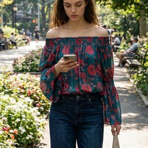 🌸Charming Charlie Floral Scoop Neck Women's Babydoll Top Teal Red Shiny Boho🌸